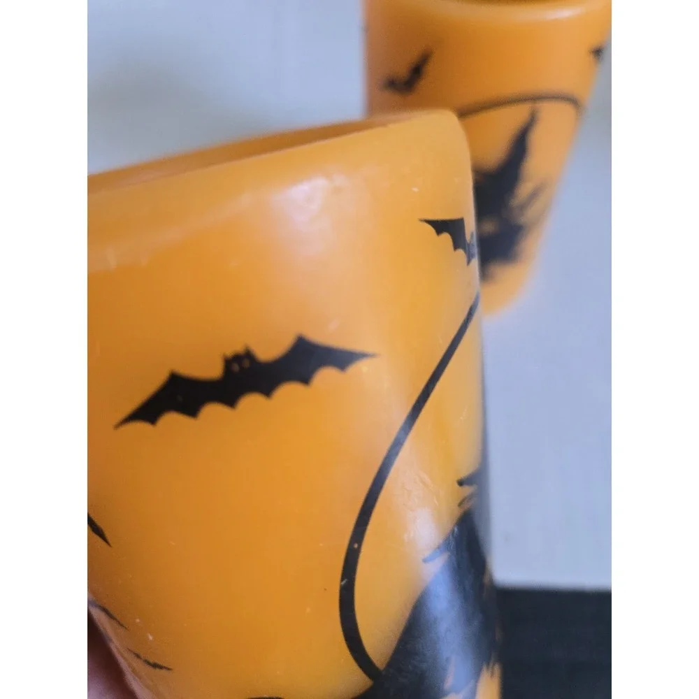2 Halloween Flameless LED Pillar Candles Orange Black Witch Cat Bats Wax Battey
